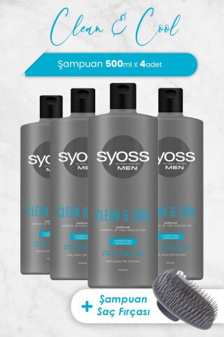 Syoss Men Clean & Cool Şampuan 500 ml x 4 Adet ve Şampuan Fırçası