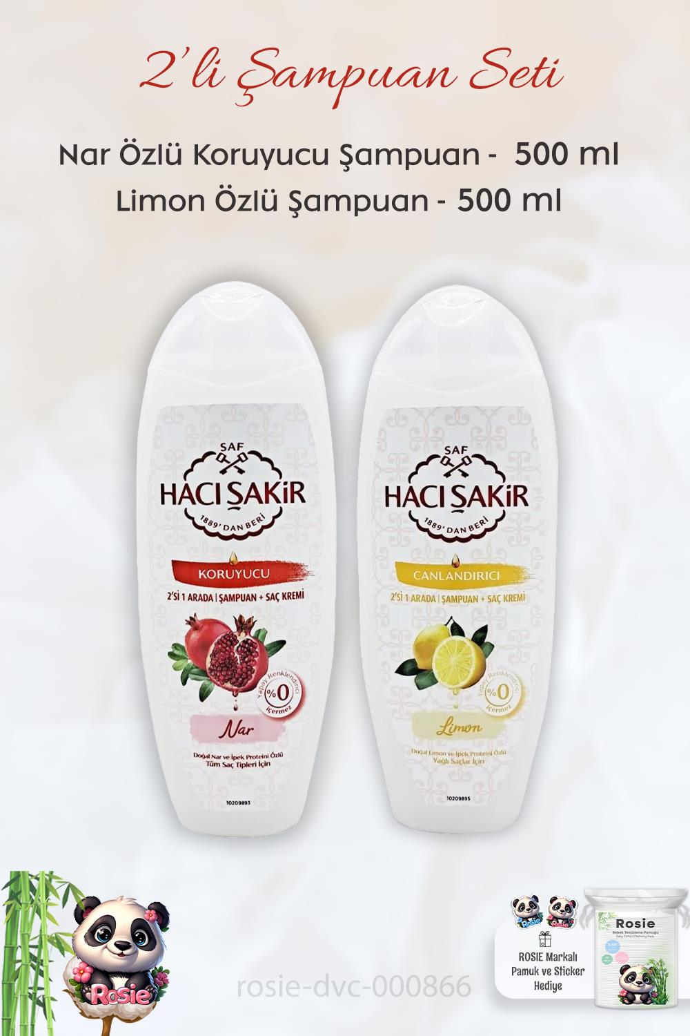 Hacı Şakir Nar 2si 1 Arada Şampuan 500 ml,  Limonlu  Şampuan 500 ml ve ROSIE