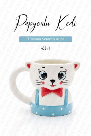 Papyonlu Kedi Figürlü El Yapımı Kupa - Mug, 450 ml