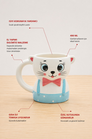 Papyonlu Kedi Figürlü El Yapımı Kupa - Mug, 450 ml