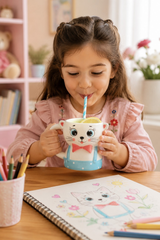Papyonlu Kedi Figürlü El Yapımı Kupa - Mug, 450 ml