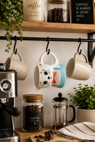 Papyonlu Kedi Figürlü El Yapımı Kupa - Mug, 450 ml