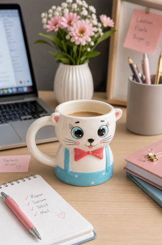 Papyonlu Kedi Figürlü El Yapımı Kupa - Mug, 450 ml