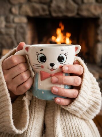 Papyonlu Kedi Figürlü El Yapımı Kupa - Mug, 450 ml