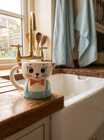 Papyonlu Kedi Figürlü El Yapımı Kupa - Mug, 450 ml
