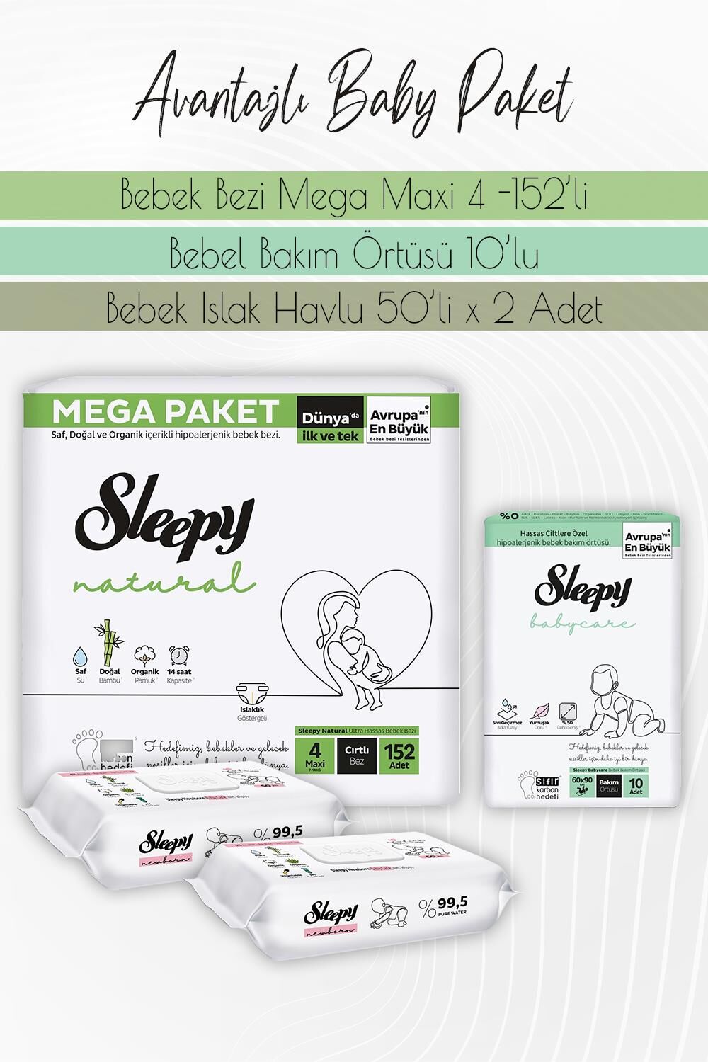 Sleepy Natural Bez 4 (7-14kg) 152 Adet, Bakım Örtüsü 10'lu,  Yenidoğan Devam 50'li x 2 Adet