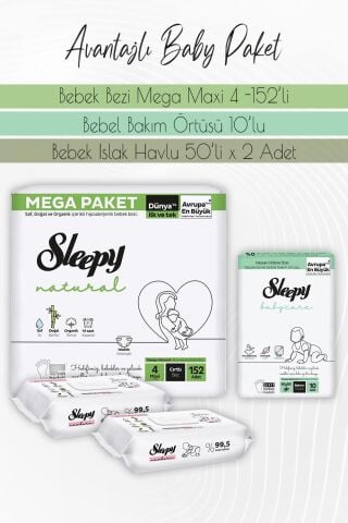 Sleepy Natural Bez 4 (7-14kg) 152 Adet, Bakım Örtüsü 10'lu,  Yenidoğan Devam 50'li x 2 Adet