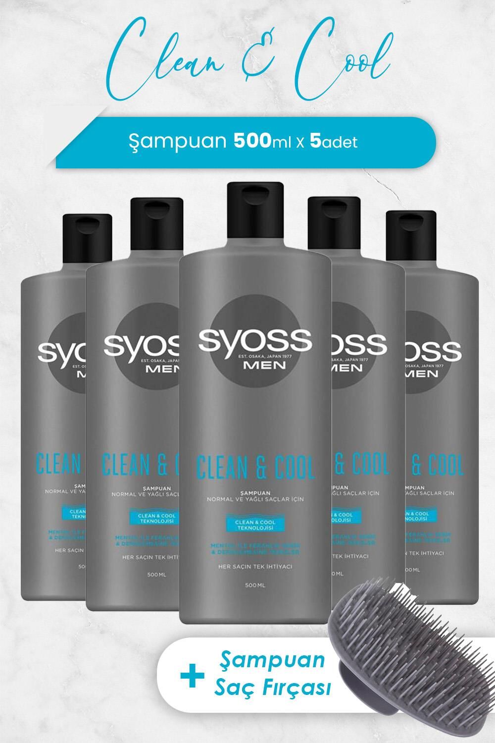Syoss Men Clean & Cool Şampuan 500 ml x 5 Adet ve Şampuan Fırçası