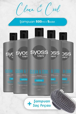 Syoss Men Clean & Cool Şampuan 500 ml x 5 Adet ve Şampuan Fırçası