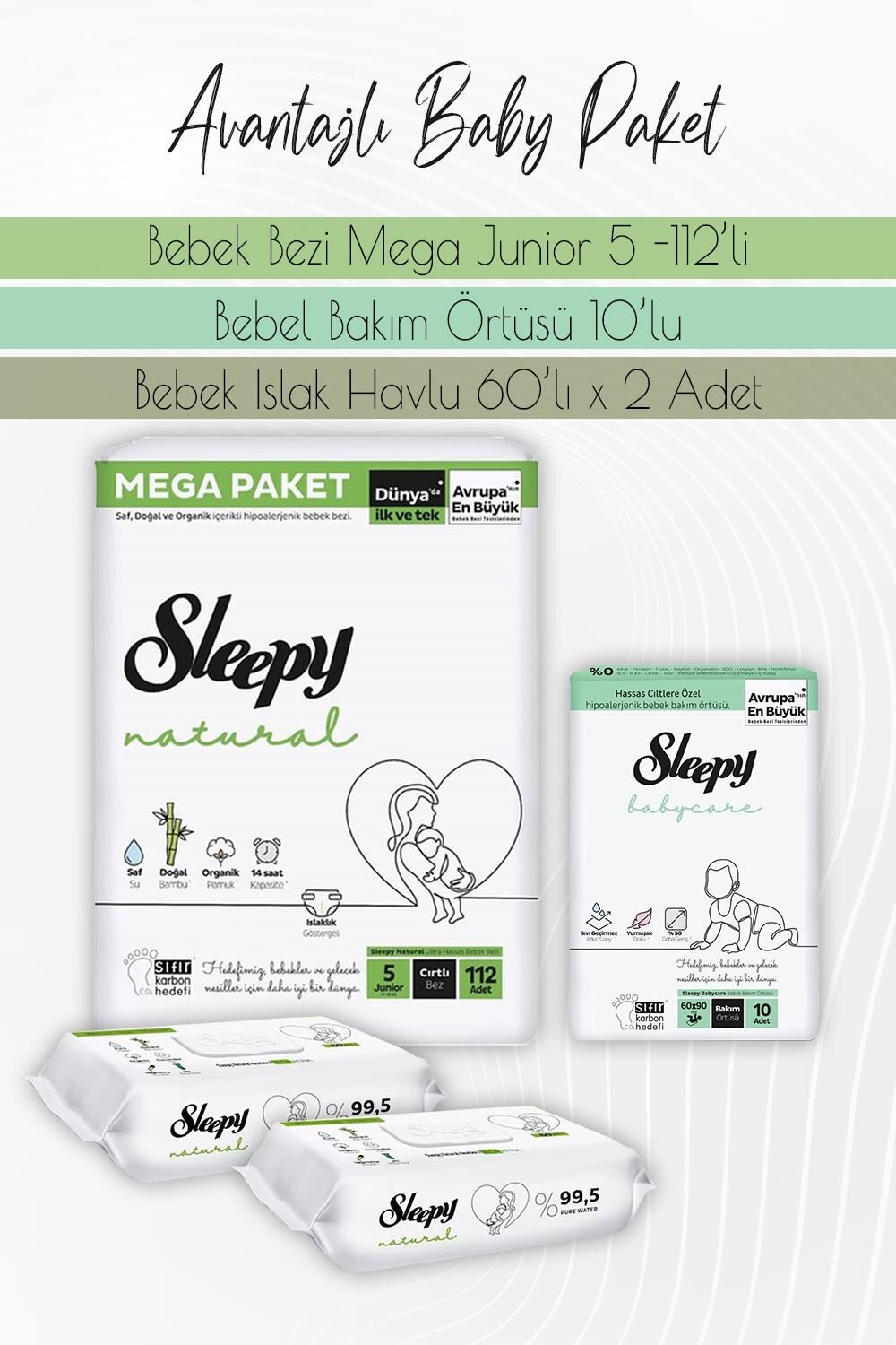 Sleepy Natural Bez 5 (11-18kg) 112 Adet, Bakım Örtüsü 10'lu, Natural Yenidoğan 60'lı x 2 Adet