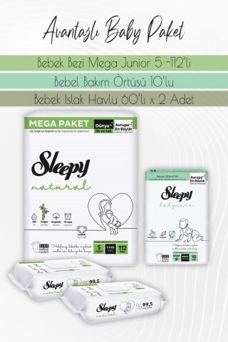 Sleepy Natural Bez 5 (11-18kg) 112 Adet, Bakım Örtüsü 10'lu, Natural Yenidoğan 60'lı x 2 Adet