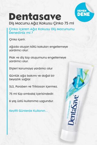 DentaSave Diş Macunu Ağız Kokusu Çinko Formül 75 ml