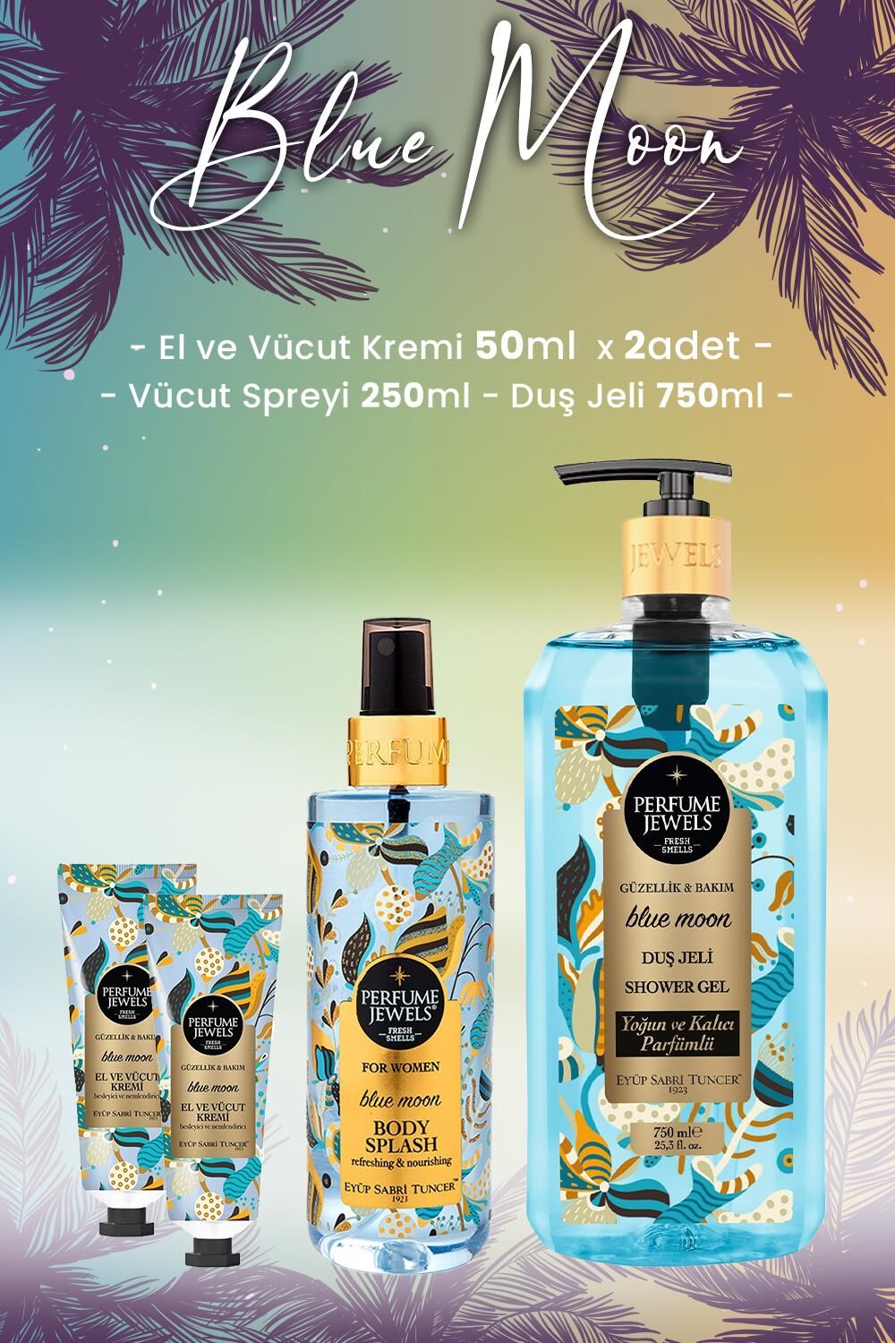 Eyüp Sabri Tuncer Blue Moon Vücut Spreyi 250 ml, Duş Jeli 750 ml ve Krem x 2 Adet