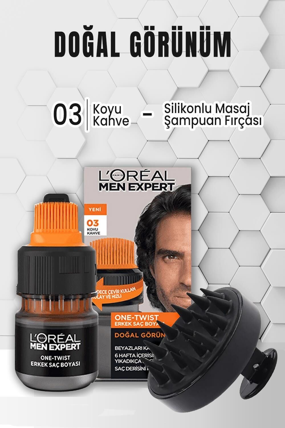 Loreal Paris Men Expert One Saç Boyası 03 Koyu Kahve ve Şampuan Fırçası Siyah