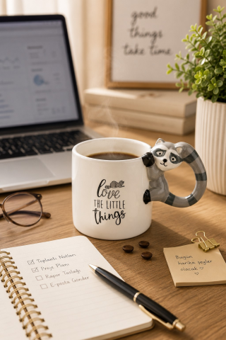 Rakun Figürlü El Yapımı Kupa - Mug, 400 ml