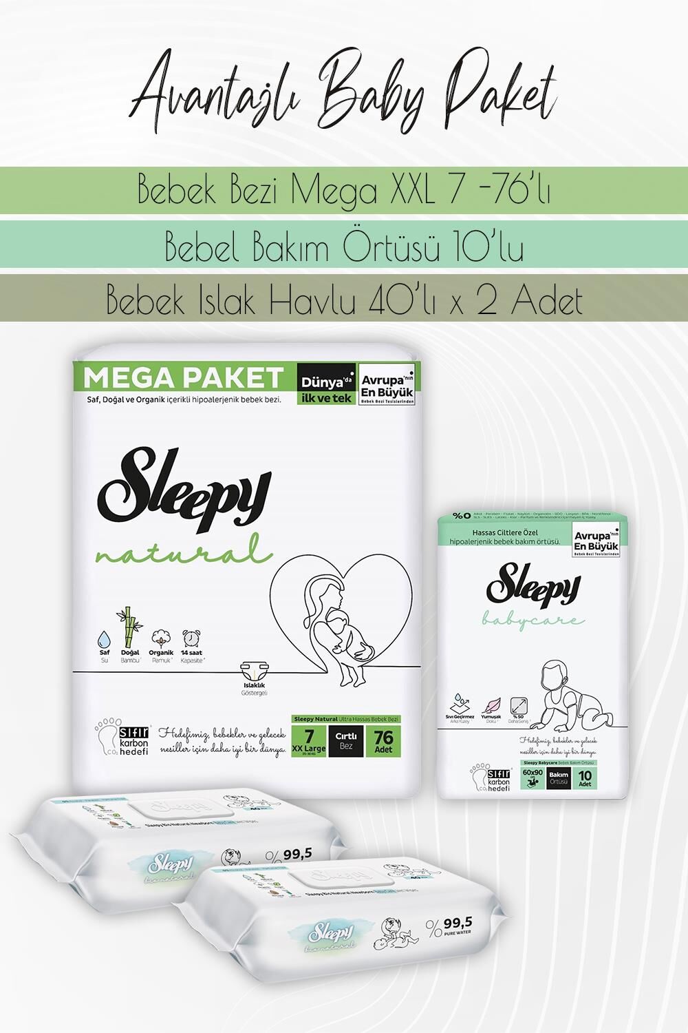 Sleepy Natural Bez 7 (20-30kg) 76 Adet, Bakım Örtüsü 10 Adet ve Bio Natural Yenidoğan 40'lı x 2 Adet