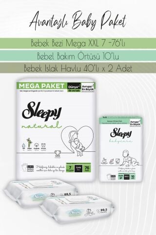 Sleepy Natural Bez 7 (20-30kg) 76 Adet, Bakım Örtüsü 10 Adet ve Bio Natural Yenidoğan 40'lı x 2 Adet