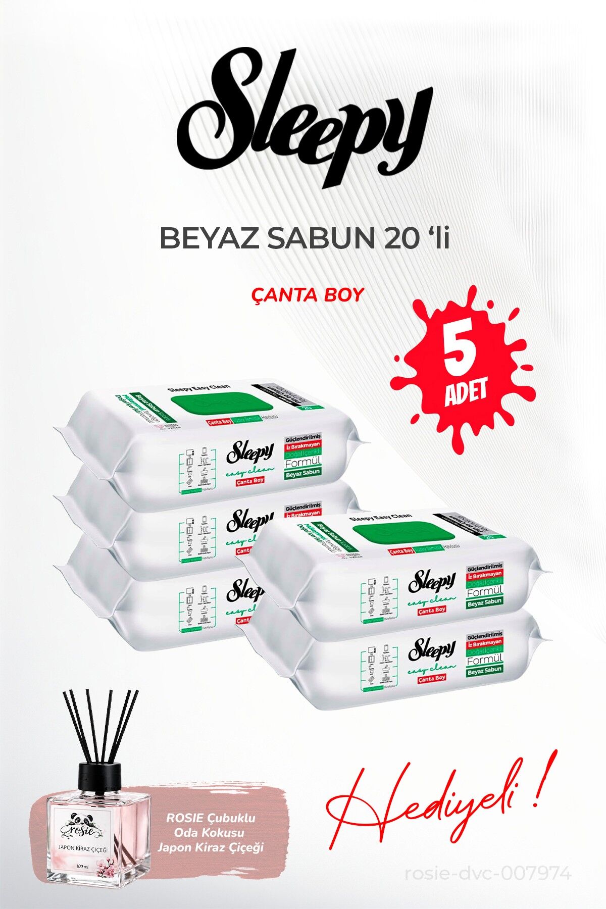 Sleepy Beyaz Sabun Çanta Boy (5 paket x 20 yaprak) ve ROSIE oda kokusu