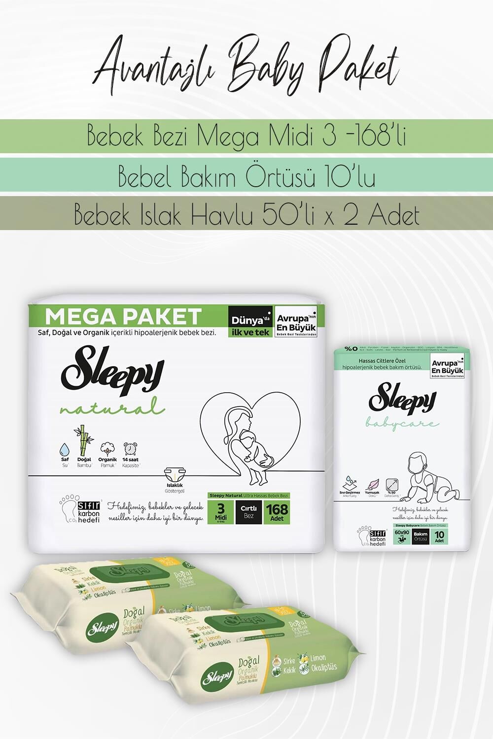 Sleepy Natural Bez 3 (4-9kg) 168 Adet, Bakım Örtüsü 10 Adet ve Doğal Organik 50 Yaprak x 2 Adet