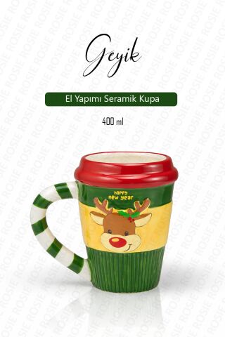 Yılbaşı Temalı El Yapımı Geyik Kupa, Hediyelik Kupa, Mug 400 ml