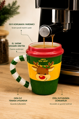 Yılbaşı Temalı El Yapımı Geyik Kupa, Hediyelik Kupa, Mug 400 ml