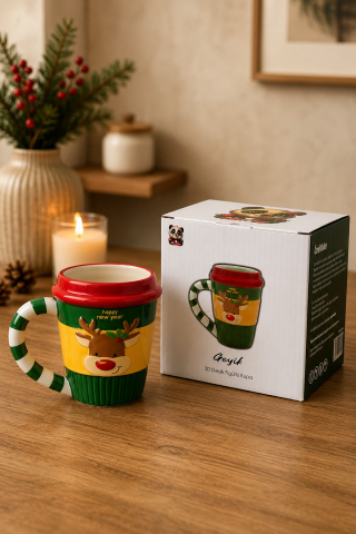 Yılbaşı Temalı El Yapımı Geyik Kupa, Hediyelik Kupa, Mug 400 ml
