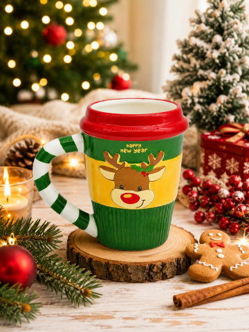 Yılbaşı Temalı El Yapımı Geyik Kupa, Hediyelik Kupa, Mug 400 ml