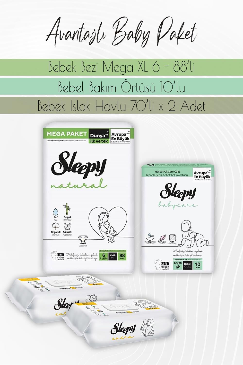 Sleepy Natural Bez 6 (15-25kg) 88 Adet, Bakım Örtüsü 10 Adet ve Extra Islak 70'li x 2 Adet