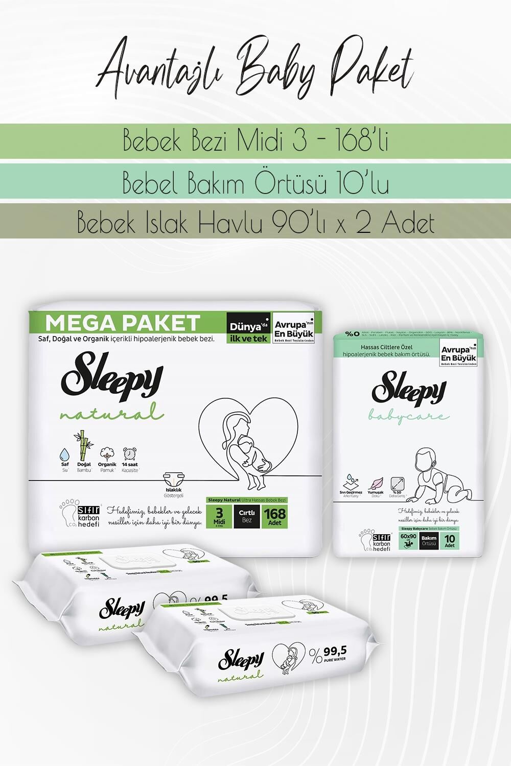 Sleepy Natural Bez 3 (4-9kg) 168 Adet, Bakım Örtüsü 10 Adet ve Natural Yenidoğan 90'lı x 2 Adet