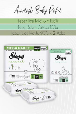 Sleepy Natural Bez 3 (4-9kg) 168 Adet, Bakım Örtüsü 10 Adet ve Natural Yenidoğan 90'lı x 2 Adet