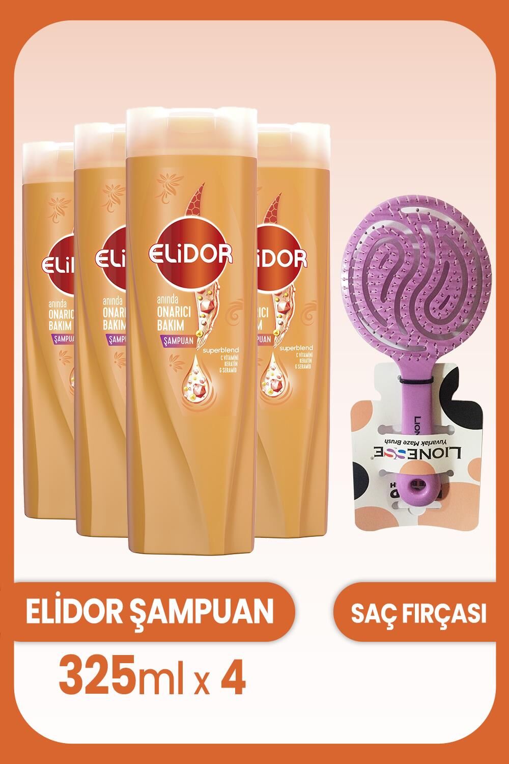 Elidor Superblend Onarıcı Şampuan 325 ml x 4 Adet ve Saç Fırçası