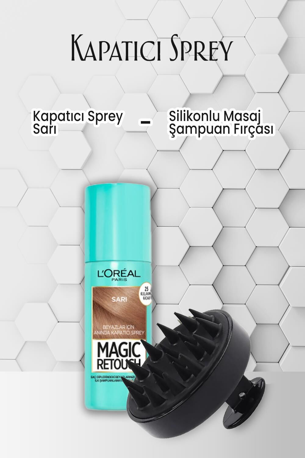 Loreal Paris Kapatıcı Saç Spreyi Sarı 75 ml ve Şampuan Fırçası Siyah