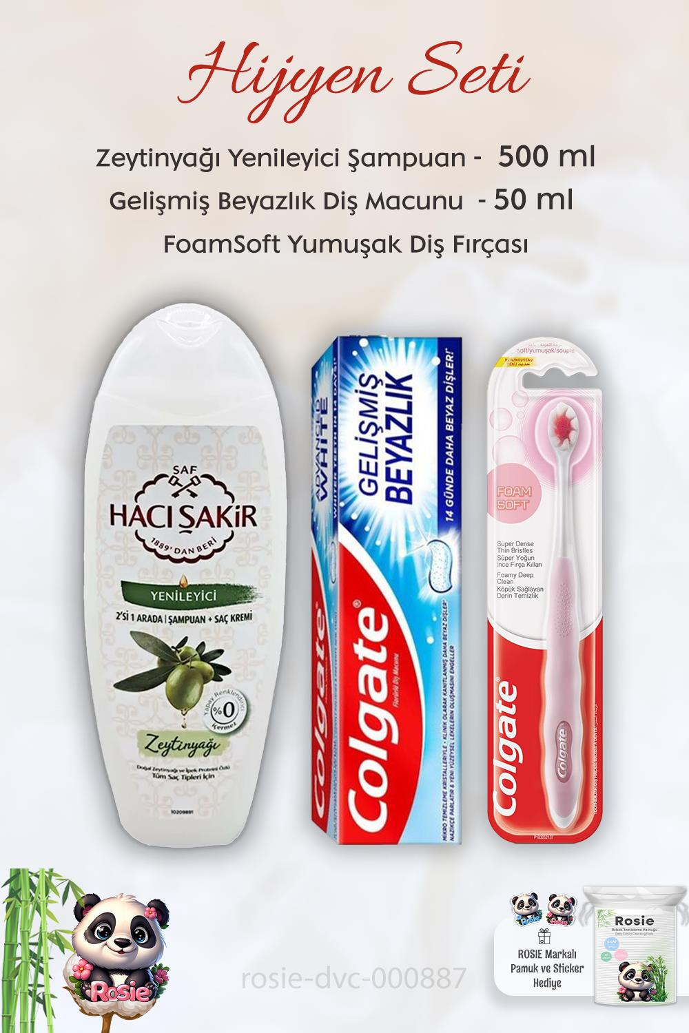 Colgate Diş Macunu Gelişmiş Beyazlık 50 ml, FoamSoft Diş Fırçası, H. Şakir Zeytinyağlı Şampuan 500 ml
