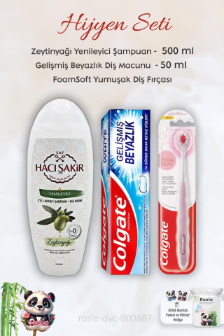 Colgate Diş Macunu Gelişmiş Beyazlık 50 ml, FoamSoft Diş Fırçası, H. Şakir Zeytinyağlı Şampuan 500 ml