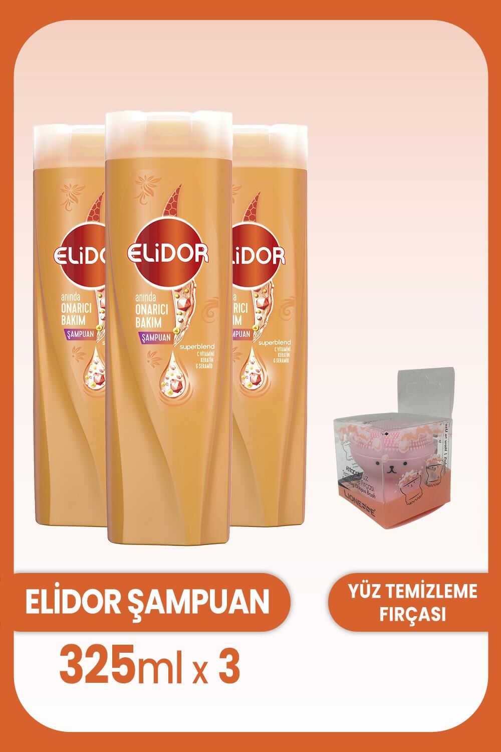 Elidor Superblend Onarıcı Bakım Şampuanı 325 ml x 3 Adet ve Yüz Fırçası