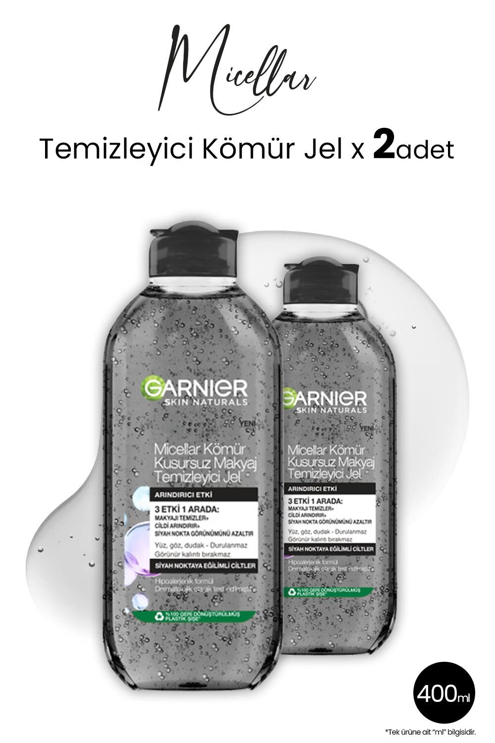 Garnier Micellar Makyaj Temizleyici Jel Kömür 400 ml x 2 Adet