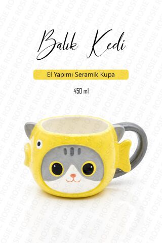Kedi Balık Figürlü El Yapımı Seramik Kupa, Kahve Fincanı, Mug 450 ml