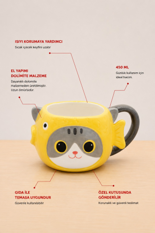 Kedi Balık Figürlü El Yapımı Seramik Kupa, Kahve Fincanı, Mug 450 ml