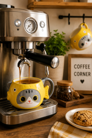 Kedi Balık Figürlü El Yapımı Seramik Kupa, Kahve Fincanı, Mug 450 ml