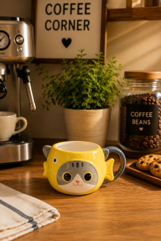 Kedi Balık Figürlü El Yapımı Seramik Kupa, Kahve Fincanı, Mug 450 ml