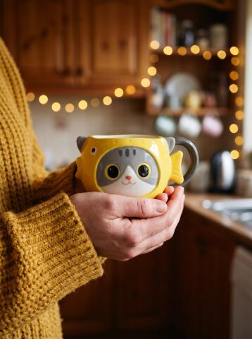 Kedi Balık Figürlü El Yapımı Seramik Kupa, Kahve Fincanı, Mug 450 ml