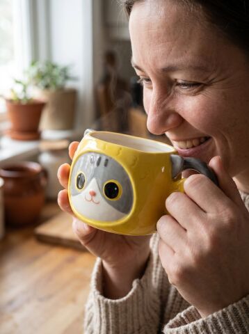 Kedi Balık Figürlü El Yapımı Seramik Kupa, Kahve Fincanı, Mug 450 ml