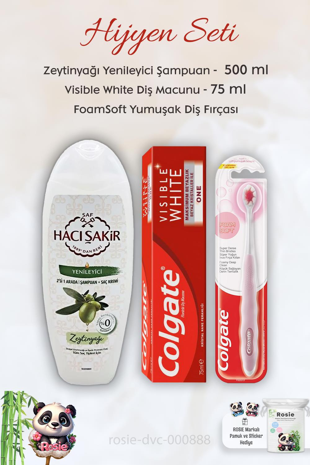 Colgate Visible White Diş Macunu 75 ml,  FoamSoft Diş Fırçası, H. Şakir Zeytinyağlı Şampuan 500 ml