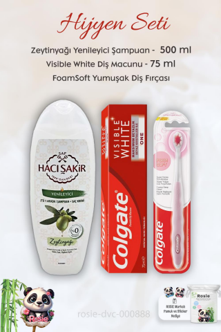 Colgate Visible White Diş Macunu 75 ml,  FoamSoft Diş Fırçası, H. Şakir Zeytinyağlı Şampuan 500 ml