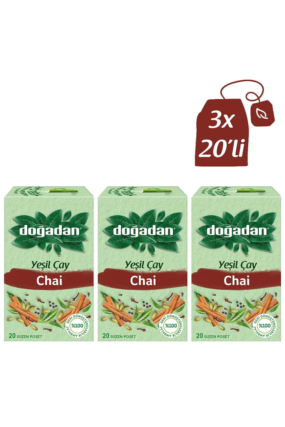 Doğadan Yeşil Çay Chai Poşet Bardak Çay x 3
