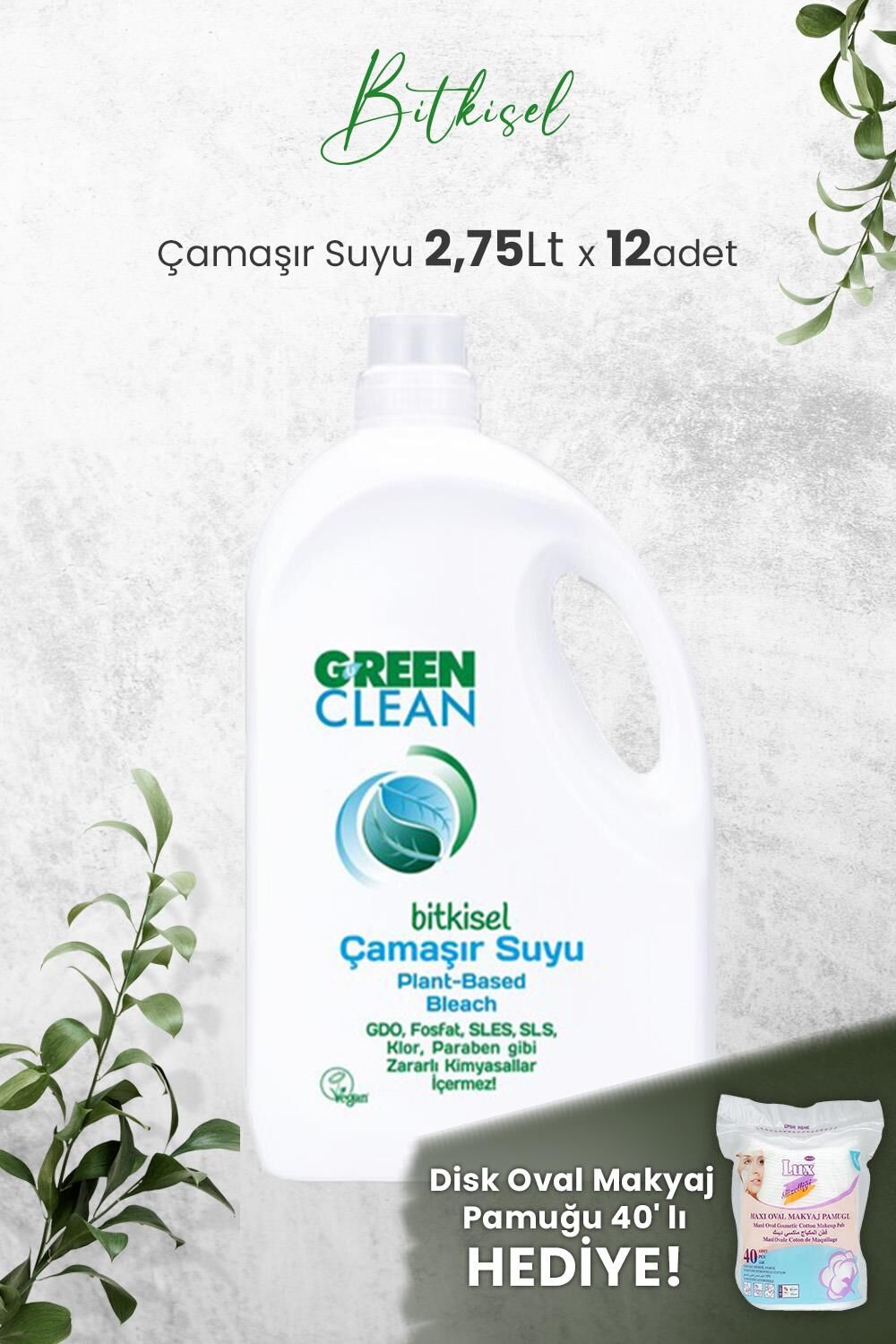 Green Clean Bitkisel Çamaşır Suyu 2,75 Lt x 12 Adet ve Hediyeli