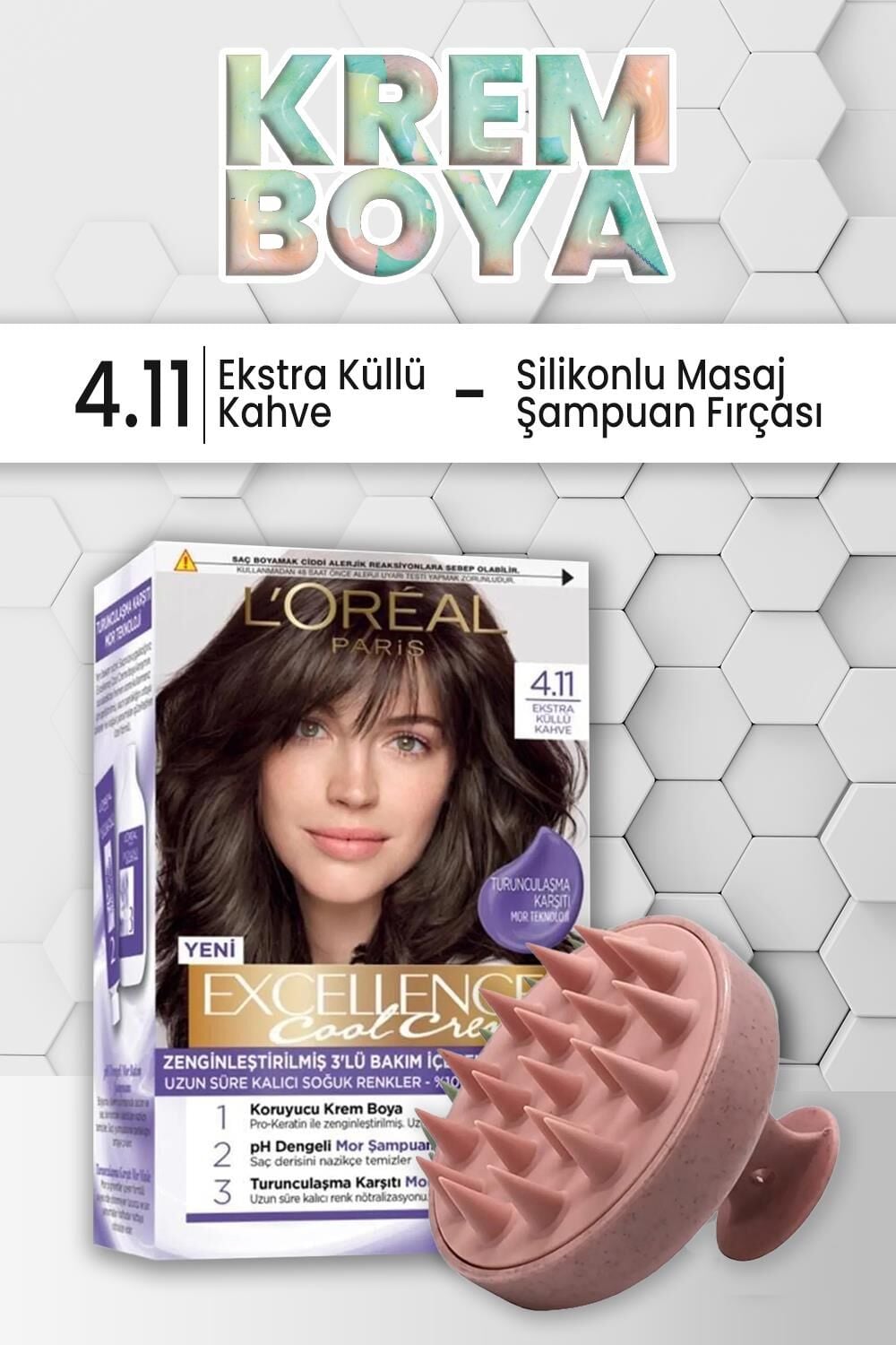 Loreal Paris Excellence Creme Saç Boyası 4.11 Ekstra Küllü Kahve ve Şampuan Fırçası Pembe