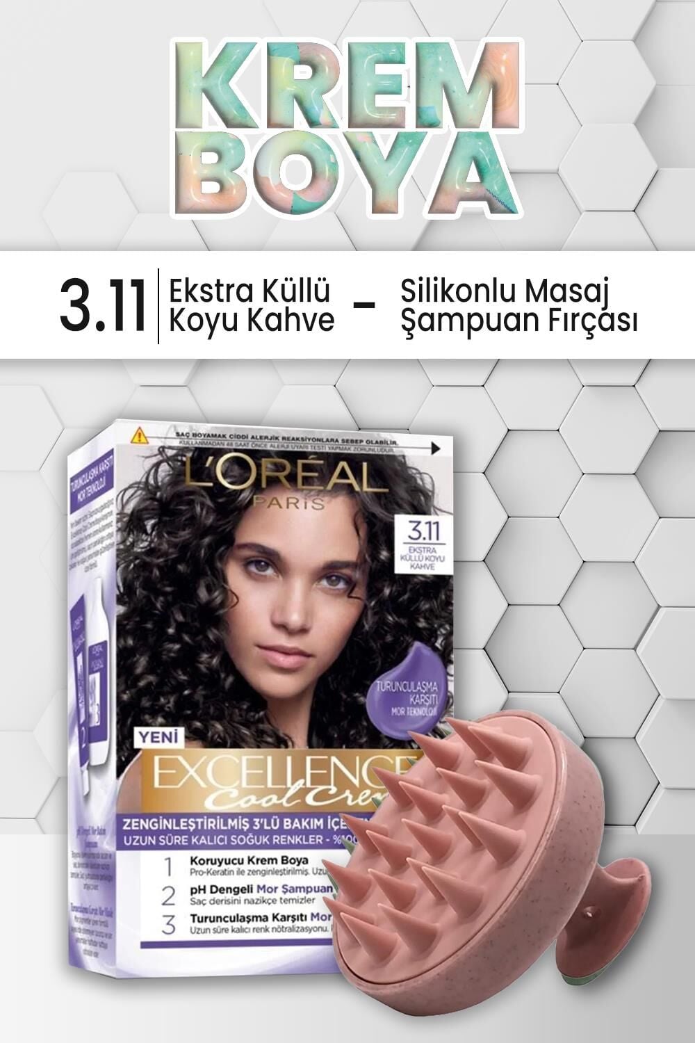 Loreal Paris Excellence Creme Saç Boyası 3.11 Ekstra Küllü Koyu Kahve ve Şampuan Fırçası Pembe