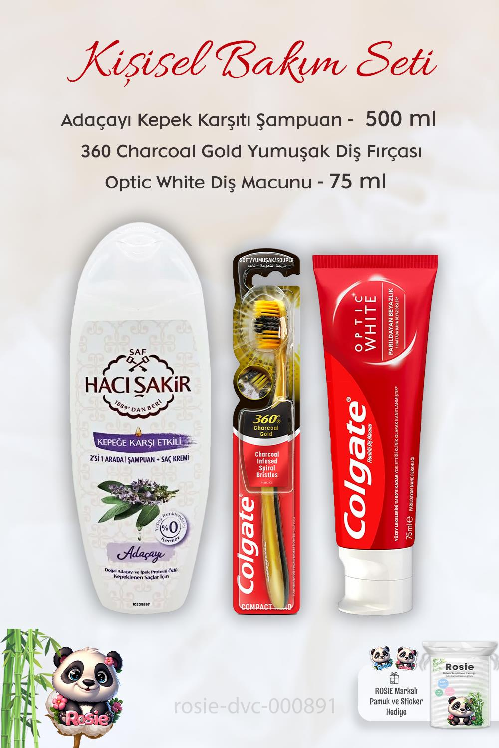 Colgate Optic White 50 ml,  360 Charcoal Diş Fırçası, H.Şakir Adaçayı Şampuan 500 ml ve ROSIE