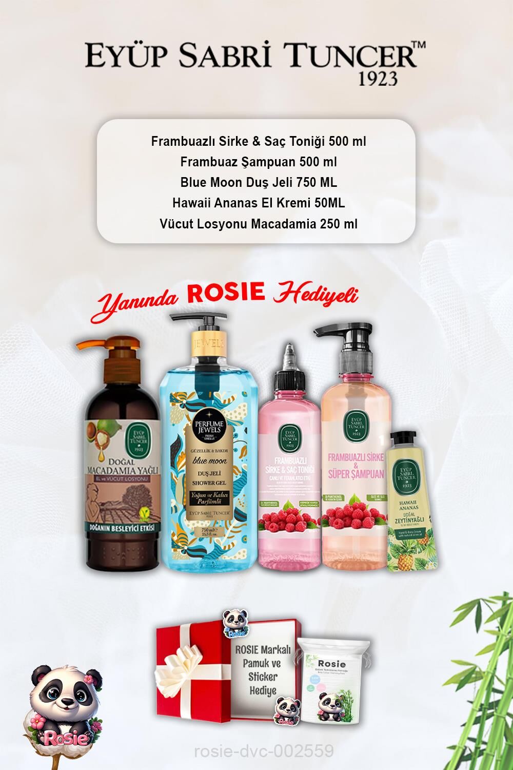 Şampuan ve Tonik Frambuazlı, Blue Moon Duş Jeli, Ananas Krem, Macadamia Losyon ve Rosie